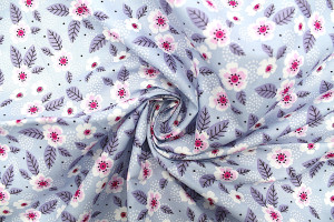 Tissu Popeline Coton Imprimé Feuille Point Gris -Au Mètre