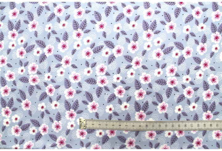 Tissu Popeline Coton Imprimé Feuille Point Gris -Au Mètre