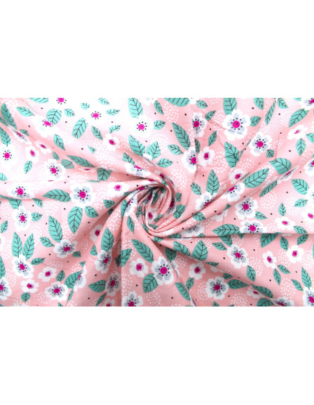 Tissu Popeline Coton Imprimé Feuille Point Rose -Au Mètre