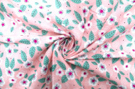 Tissu Popeline Coton Imprimé Feuille Point Rose -Au Mètre