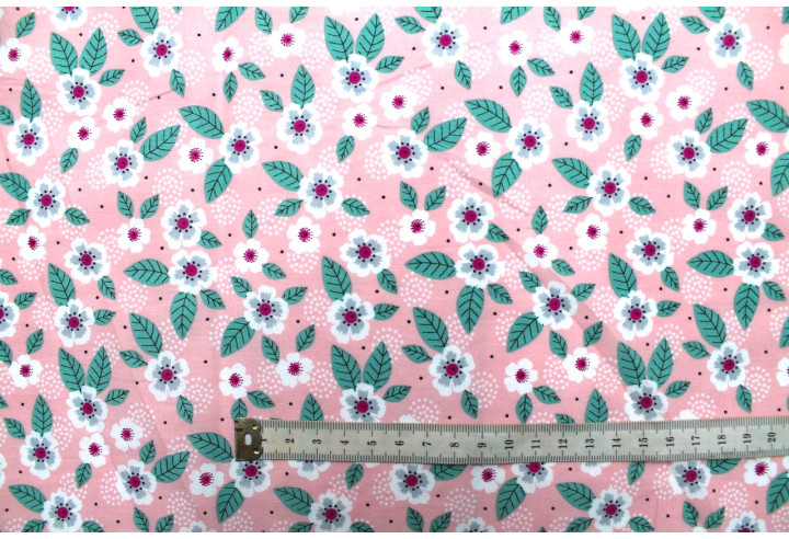 Tissu Popeline Coton Imprimé Feuille Point Rose -Au Mètre