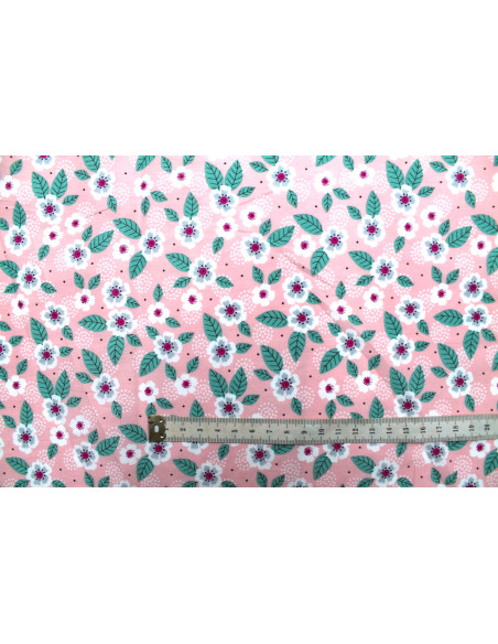 Tissu Popeline Coton Imprimé Feuille Point Rose -Au Mètre