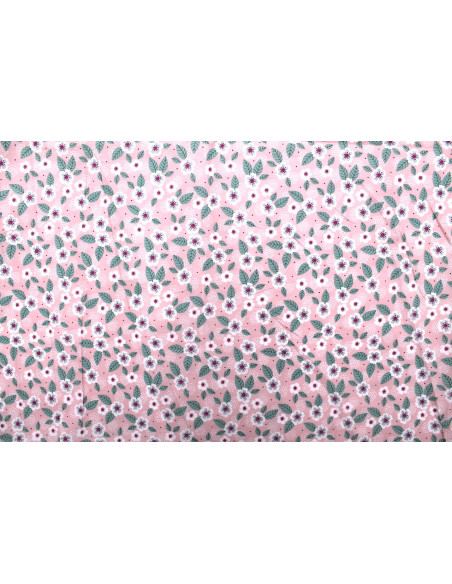 Tissu Popeline Coton Imprimé Feuille Point Rose -Au Mètre