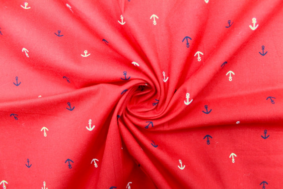 Tissu Popeline Coton Imprimé Ancre Rouge -Au Mètre
