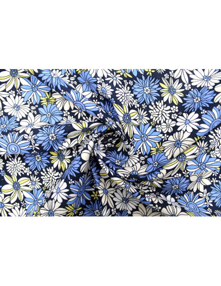 Tissu Popeline Coton Imprimé Fleur Romy Marine -Au Mètre
