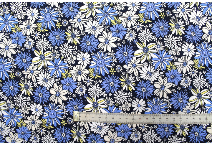 Tissu Popeline Coton Imprimé Fleur Romy Marine -Au Mètre