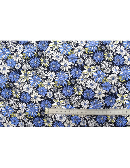 Tissu Popeline Coton Imprimé Fleur Romy Marine -Au Mètre