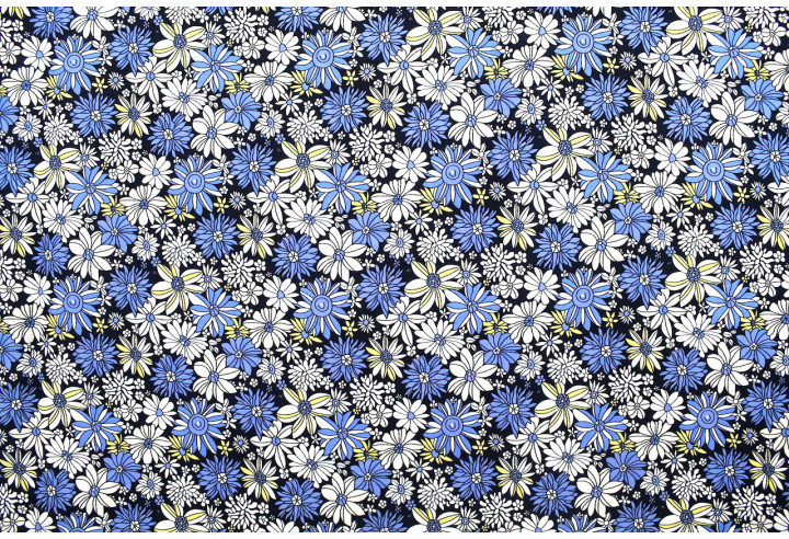 Tissu Popeline Coton Imprimé Fleur Romy Marine -Au Mètre