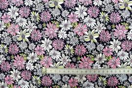Tissu Popeline Coton Imprimé Fleur Romy Marine et Rose -Au Mètre