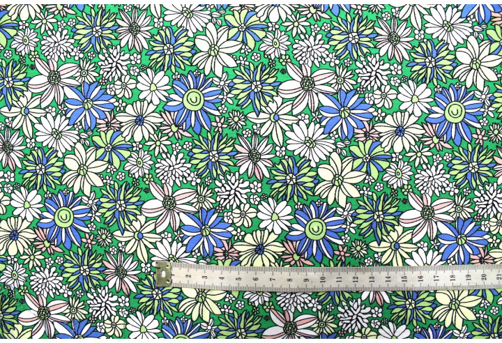 Tissu Popeline Coton Imprimé Fleur Romy Vert -Au Mètre