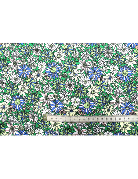 Tissu Popeline Coton Imprimé Fleur Romy Vert -Au Mètre
