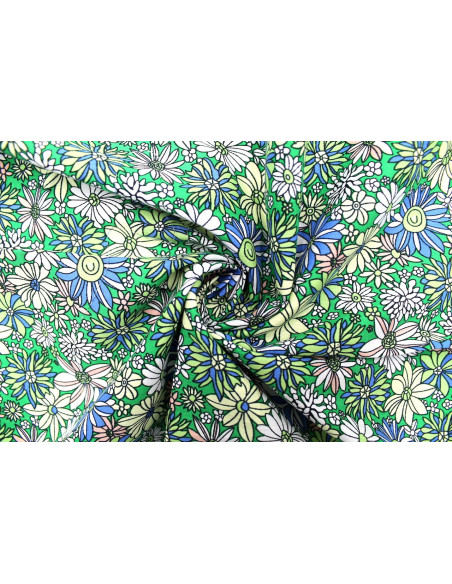 Tissu Popeline Coton Imprimé Fleur Romy Vert -Au Mètre