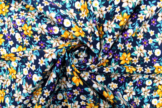 Tissu Popeline Coton Imprimé Fleur Nadia Marine -Au Mètre