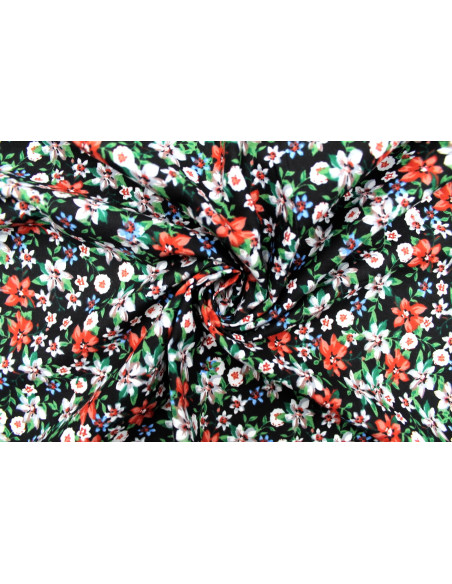 Tissu Popeline Coton Imprimé Fleur Nadia Noir -Au Mètre