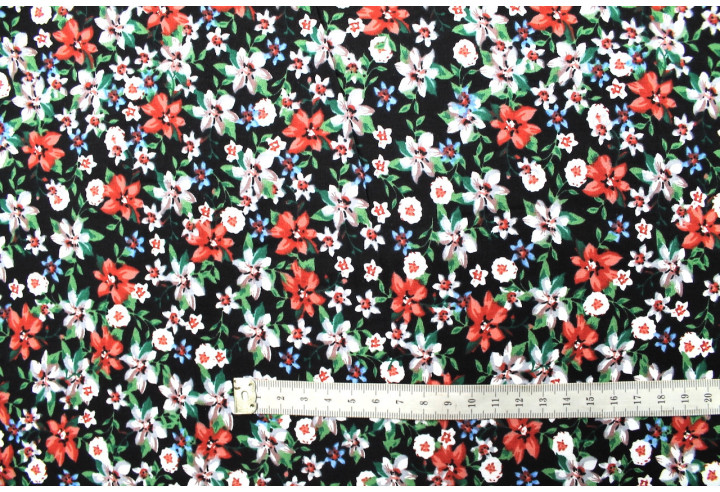 Tissu Popeline Coton Imprimé Fleur Nadia Noir -Au Mètre