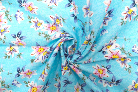 Tissu Popeline Coton Imprimé Fleur Maya Turquoise -Au Mètre