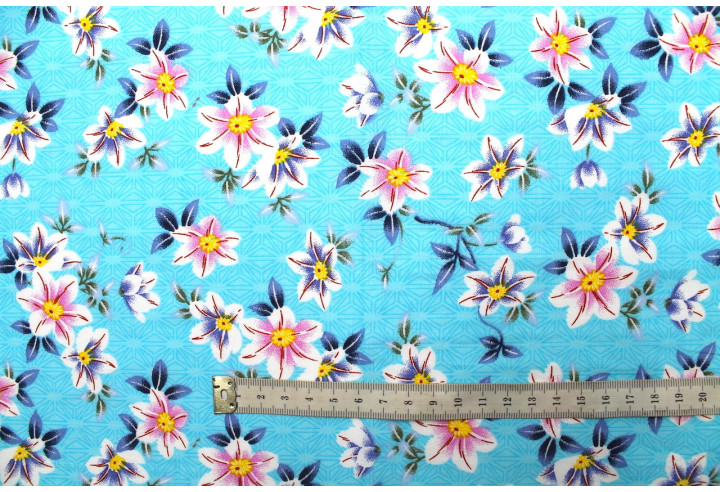 Tissu Popeline Coton Imprimé Fleur Maya Turquoise -Au Mètre
