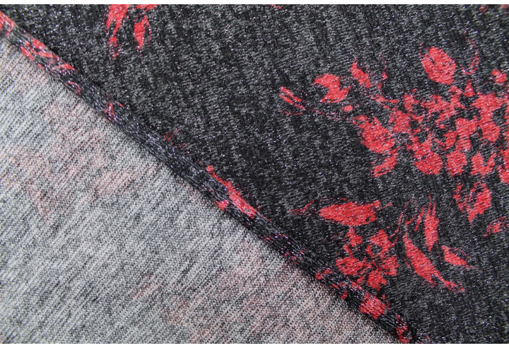 Tissu Maille Pull Fleur Lurex Gris Foncé/Rose -Au Mètre