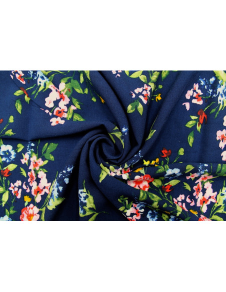 Tissu Viscose Imprimée Florella Marine -Au Mètre