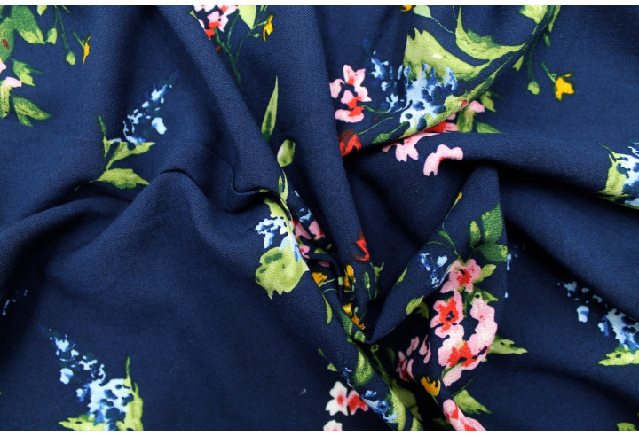 Tissu Viscose Imprimée Florella Marine -Au Mètre