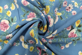 Tissu Viscose Imprimée Belles Fleurs Bleu -Au Mètre