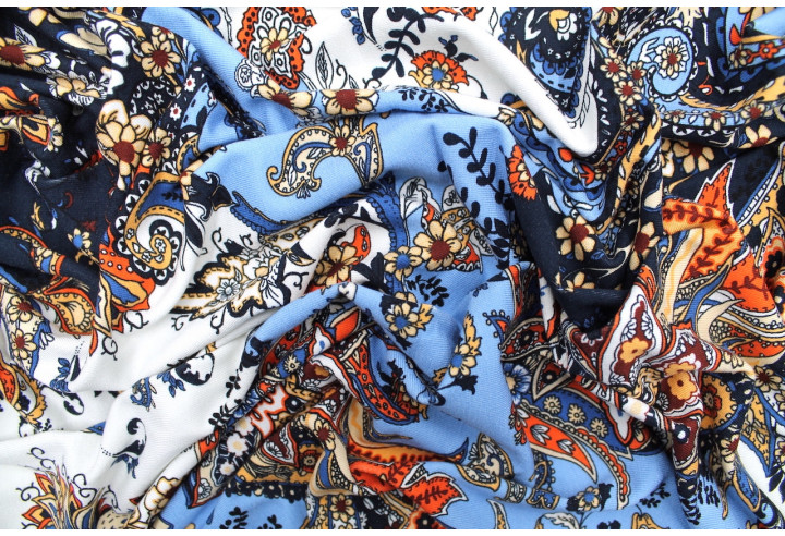 Tissu Jersey Viscose Fleur Vintage Marine -Au Mètre