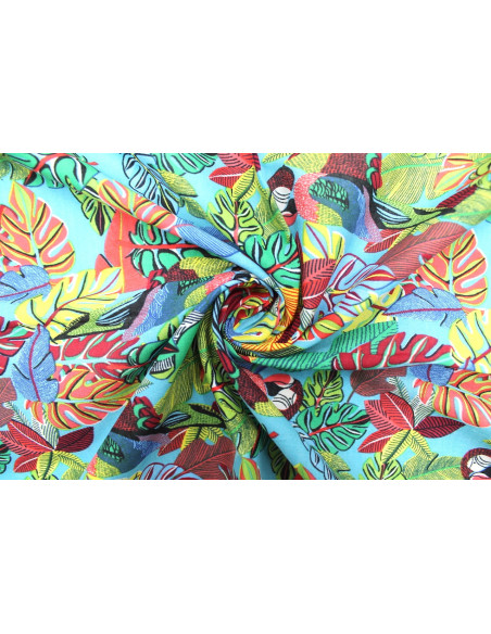 Tissu Voile Coton Perroquet Turquoise -Au Mètre