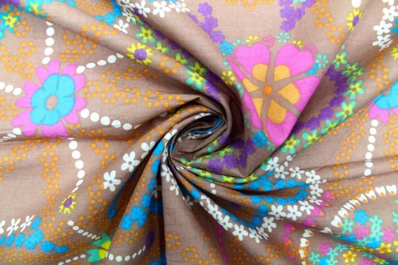 Tissu Voile Coton Camel Fleurs Colorées -Au Mètre