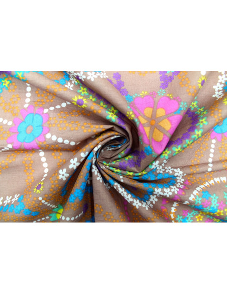Tissu Voile Coton Camel Fleurs Colorées -Au Mètre