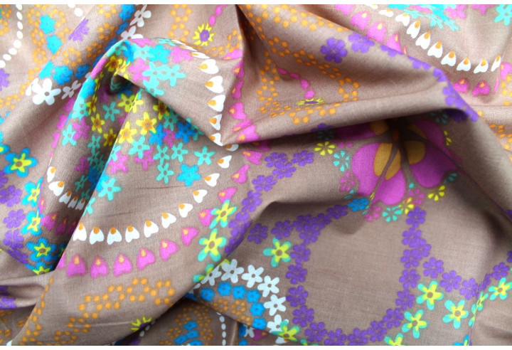Tissu Voile Coton Camel Fleurs Colorées -Au Mètre