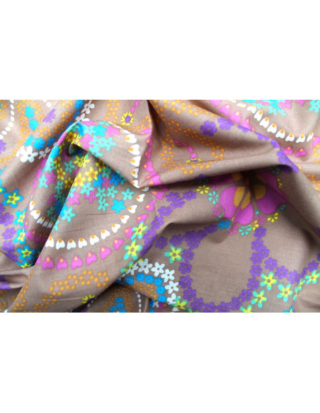 Tissu Voile Coton Camel Fleurs Colorées -Au Mètre