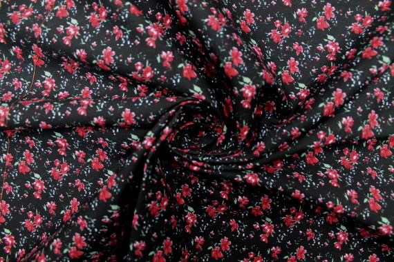 Tissu Popeline Coton Noir Imprimé Petites Fleurs Bordeaux -Au Mètre