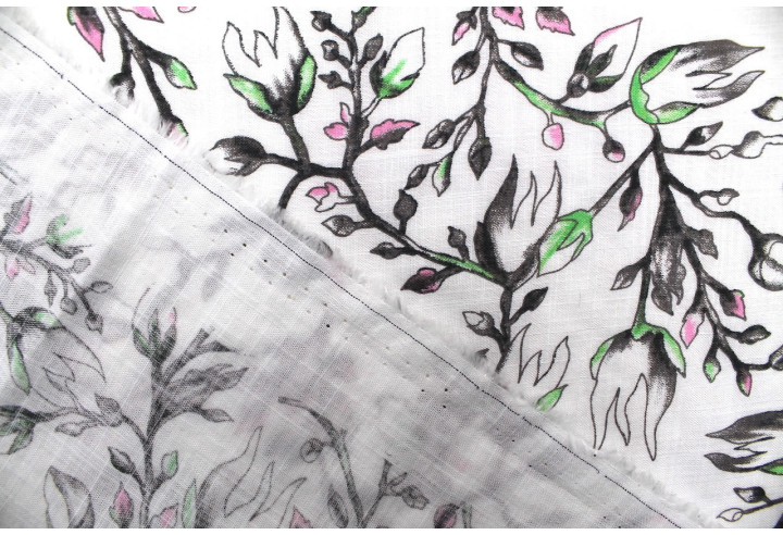 Tissu Voile Coton Viscose Tramé Bourgeons Blanc -Au Mètre