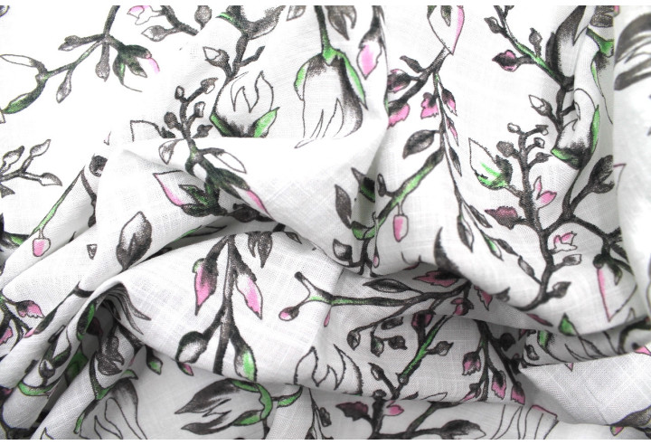 Tissu Voile Coton Viscose Tramé Bourgeons Blanc -Au Mètre