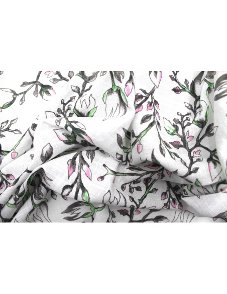 Tissu Voile Coton Viscose Tramé Bourgeons Blanc -Au Mètre