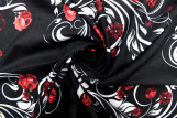 Tissu Polyviscose Imprimée Noir Décor et Fleur Rouge -Au Mètre