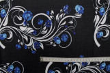 Tissu Polyviscose Imprimée Noir Décor et Fleur Bleu -Au Mètre