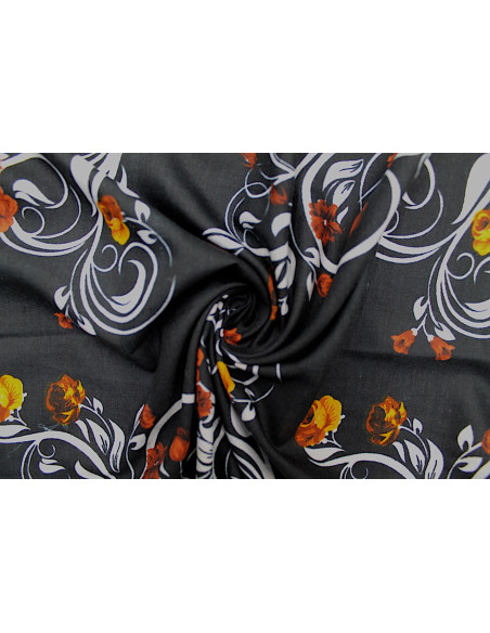 Tissu Polyviscose Imprimée Noir Décor et Fleur Choco -Au Mètre