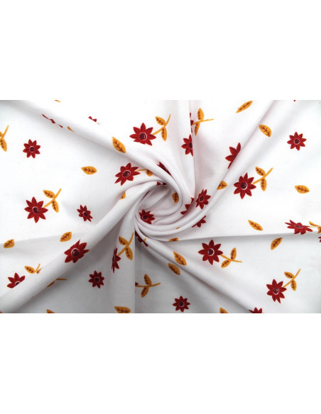 Tissu Polyviscose Imprimée Blanc Fleur Tournesol Rouge -Au Mètre