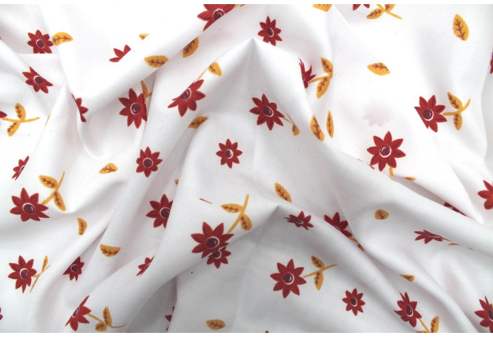 Tissu Polyviscose Imprimée Blanc Fleur Tournesol Rouge -Au Mètre