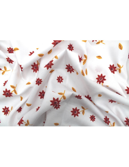 Tissu Polyviscose Imprimée Blanc Fleur Tournesol Rouge -Au Mètre