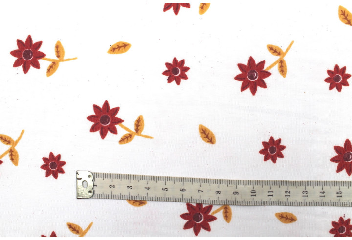 Tissu Polyviscose Imprimée Blanc Fleur Tournesol Rouge -Au Mètre