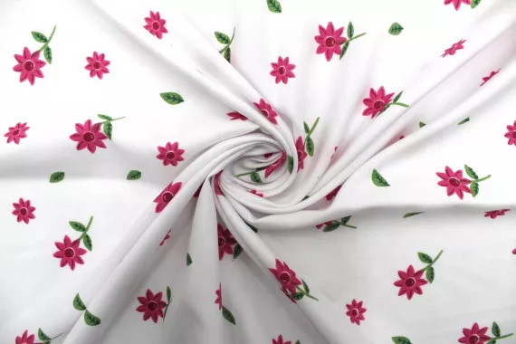 Tissu Polyviscose Imprimée Blanc Fleur Tournesol Rose -Au Mètre