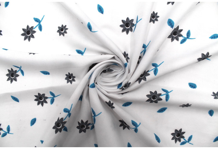 Tissu Polyviscose Imprimée Blanc Fleur Tournesol Gris -Au Mètre