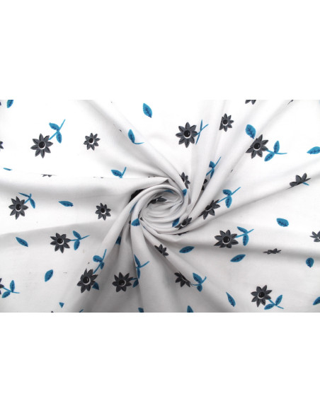 Tissu Polyviscose Imprimée Blanc Fleur Tournesol Gris -Au Mètre