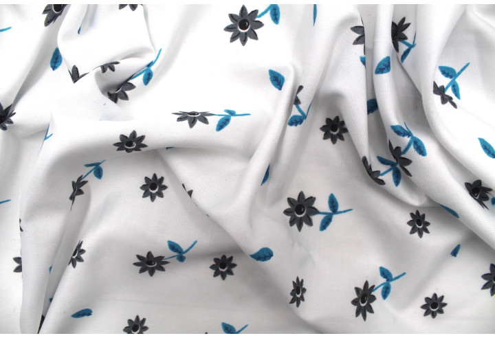Tissu Polyviscose Imprimée Blanc Fleur Tournesol Gris -Au Mètre