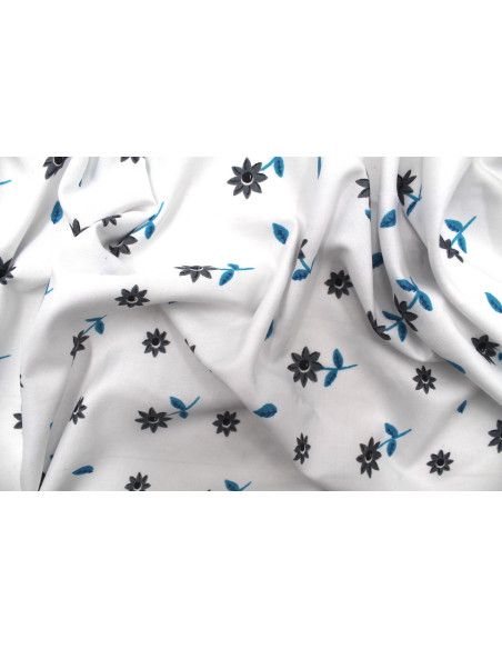 Tissu Polyviscose Imprimée Blanc Fleur Tournesol Gris -Au Mètre