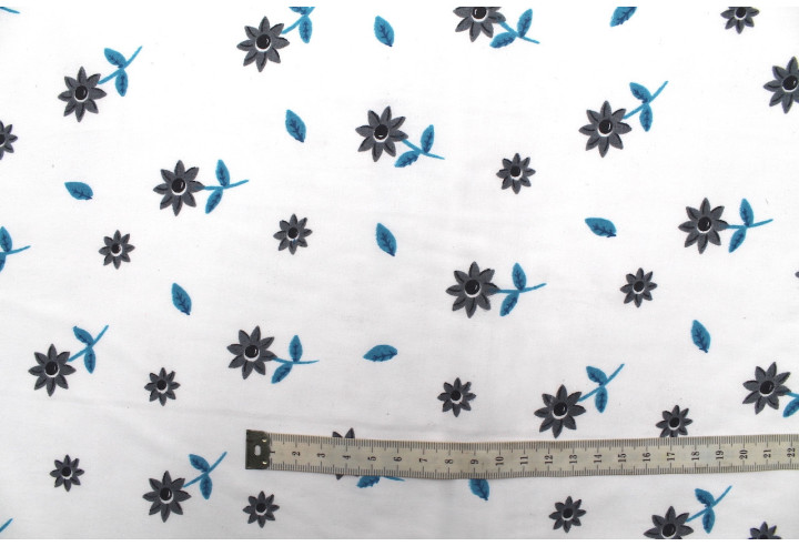 Tissu Polyviscose Imprimée Blanc Fleur Tournesol Gris -Au Mètre