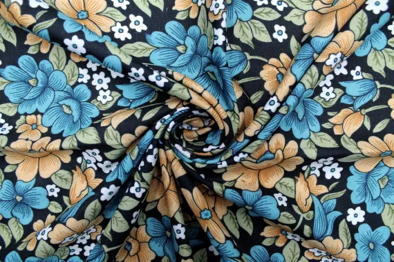 Tissu Polyviscose Imprimée Fleur Capucine Bleu -Au Mètre