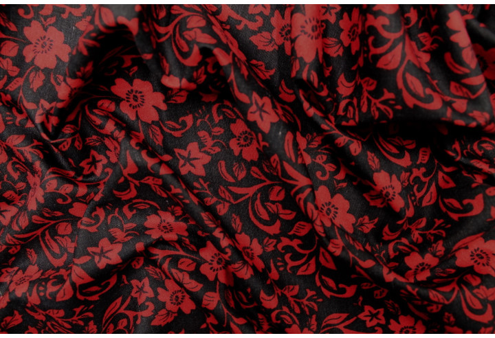 Tissu Polyviscose Imprimée Fleur Loyauty Noir et Rouge -Au Mètre